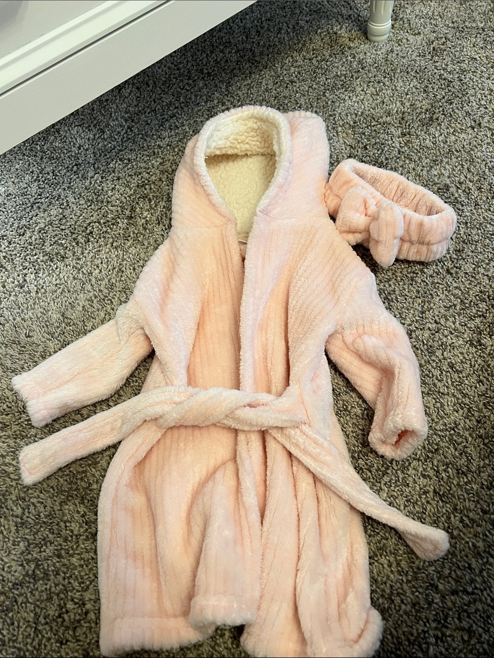 Kids Plush Pink Hooded Bathrobe with Headband
